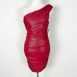 NEW Vtg Y2K Red Sparkly Ruched Dress One Shoulder HOCO Size Large Women's